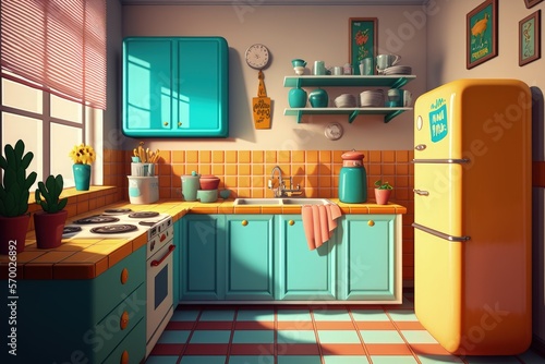Retro 70's kitchen interior with pop art colors, antique kitchen, digital illustration, Generative AI