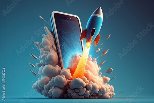 Rocket flying from mobile phone screen on blue background, startup concept, Generative AI	 photo