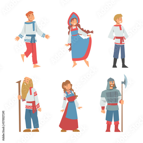 Slav or Slavonian People Character in Ethnic Clothing Vector Set