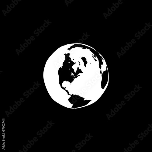 Earth doodle. Hand drawn planet icon isolated on black background. 