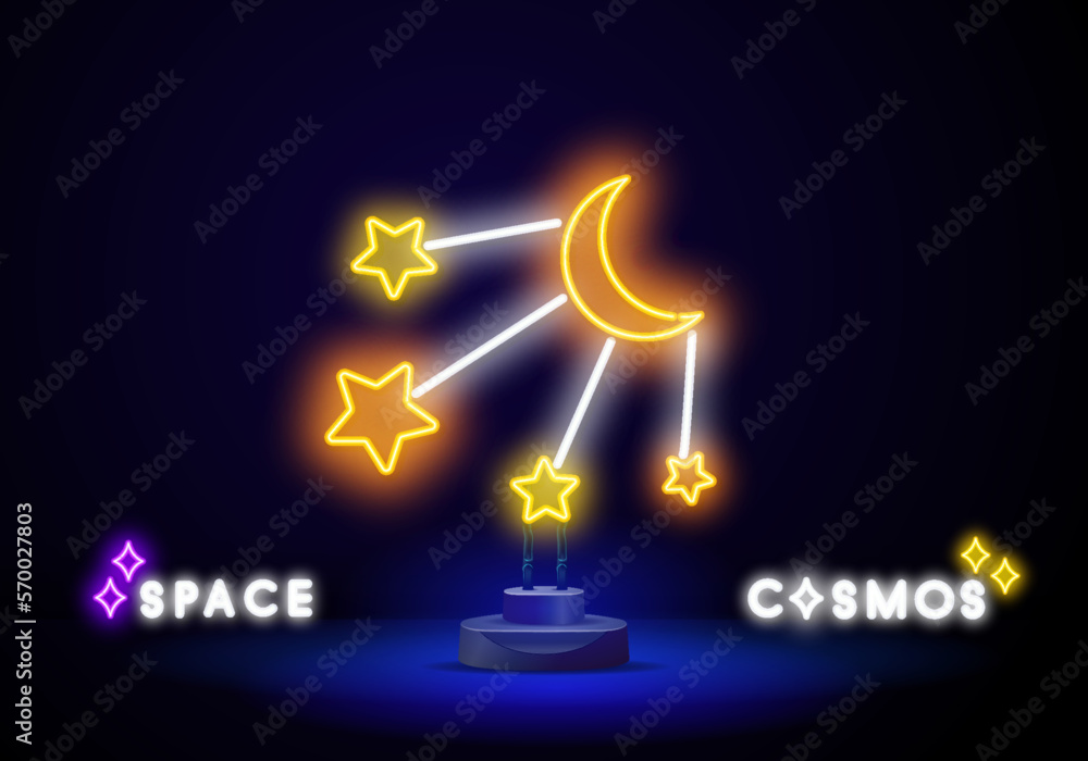 Moon and stars neon light icon. Night glowing sign. Bedtime. Vector isolated illustration