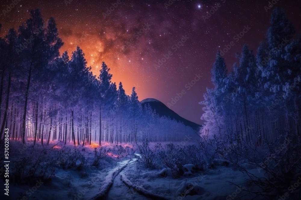 Beautiful snow-covered forest at night, fir trees, pines, it's snowing. Mountains and the moon.