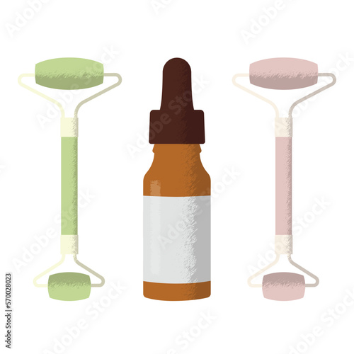 Serum in a glass bottle, jade and quarzt rollers. Colorful cosmetic set.