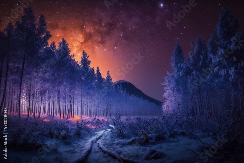 Beautiful snow-covered forest at night  fir trees  pines  it s snowing. Mountains and the moon.
