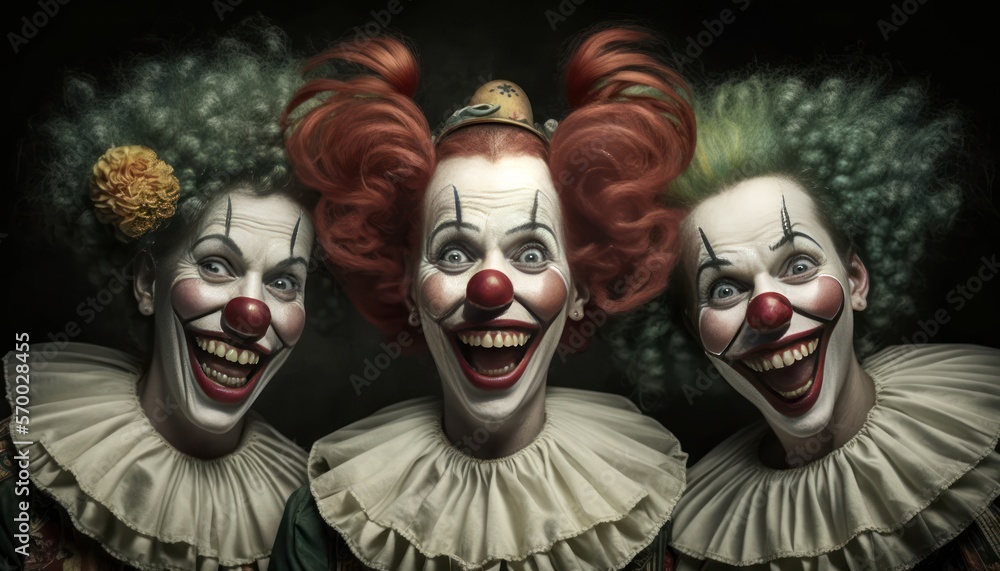 Creepy female scary clowns. Carnival outfit white dress with red buboes