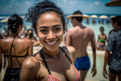 young joyful woman on crowded beach, fictional place and person. Generative AI © wetzkaz