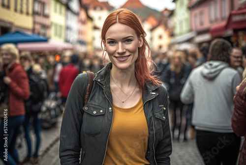 Young travel woman sightseeing urban outdoors.Traveling to Europe. Walking tour. Cheerful tourist with old buildings in a narrow side street, locals. Generative AI