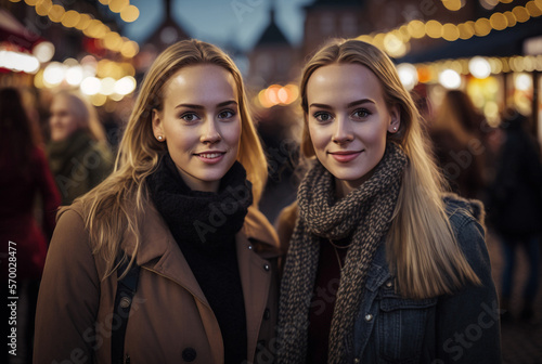 two friends, two young adult women in the evening at christmas time in a city at a christmas market or outside with christmas street decorations, sisters or twins. Generative AI