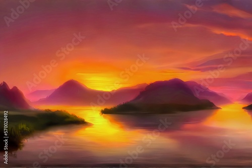 Sunset over the river with mountain horizon