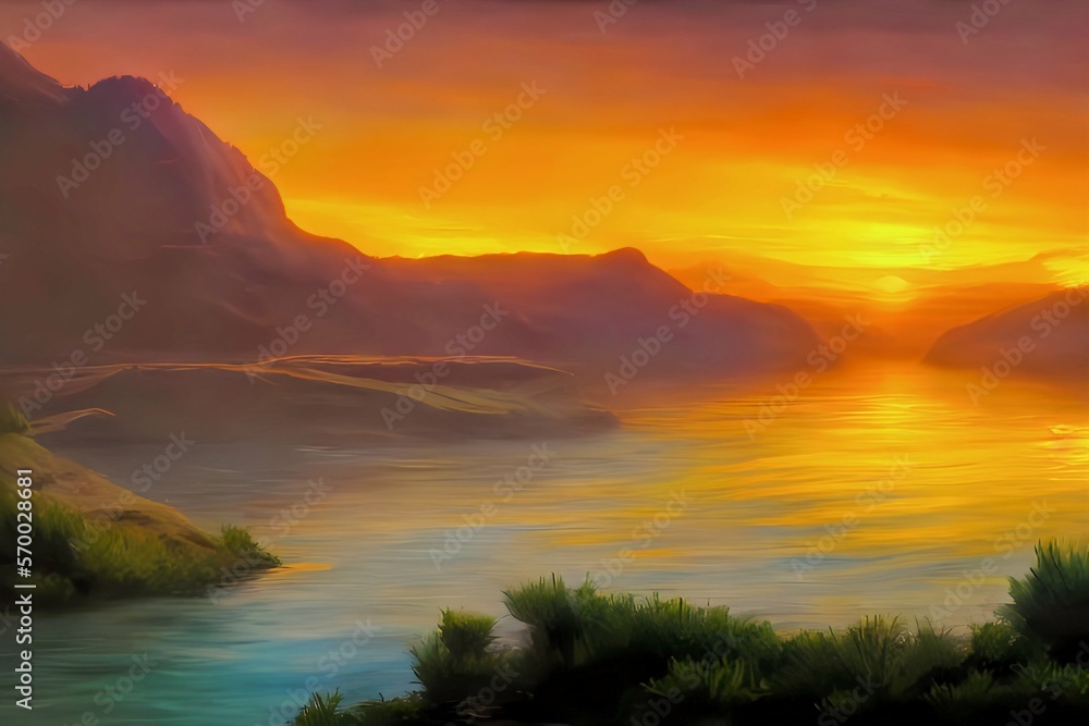 Obraz premium Sunset over the river with mountain horizon