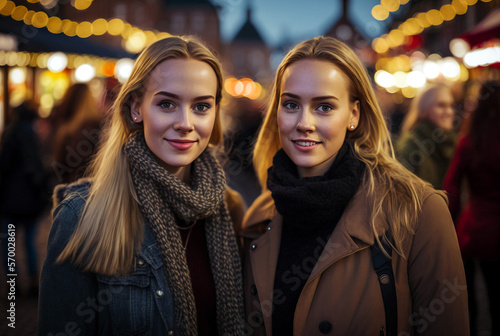 two sisters young adult women or teenagers with blonde hair with winter jackets in a city or christmas market with lights. fictional persons and place. Generative AI