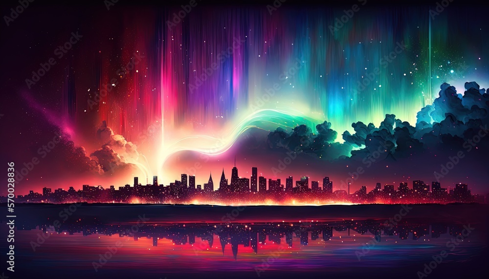 a painting of a city with a colorful sky and a rainbow of lights in the
