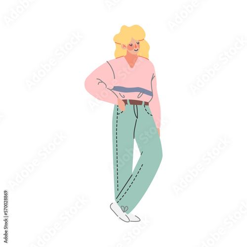 Girl in 80s fashionable street style outfit. Blonde girl in trendy style oversize clothing of 80s cartoon vector illustration