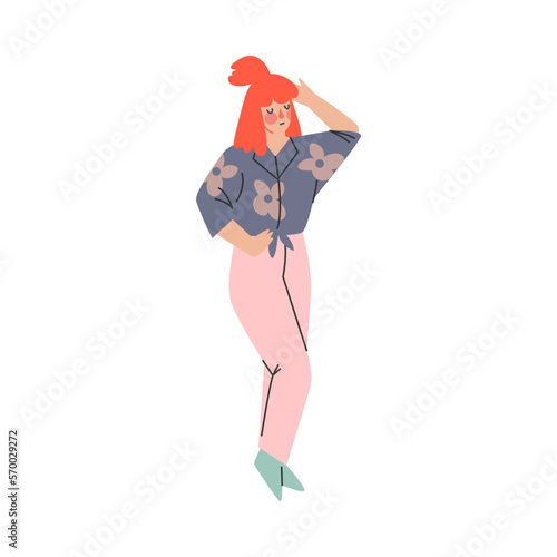 Redhead girl in 80s fashionable street style outfit. Stylish girl in trendy clothing and hairstyle of 80s cartoon vector illustration