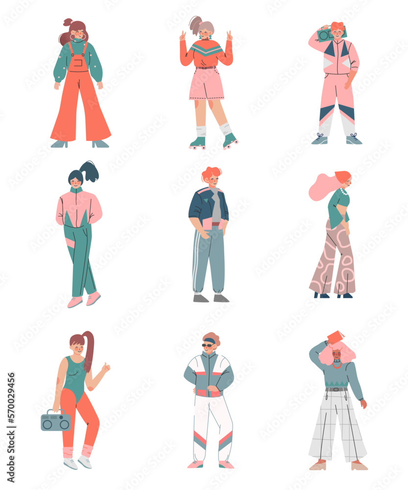 People in 80s fashionable street style outfit set. Girls and guys in retro style fashion outfit cartoon vector illustration