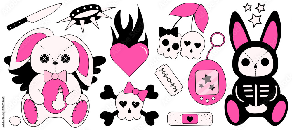2000s emo girl kawaii sticker set. Y2K, 90s glamour aestetic in bright pink and black colors