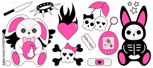 2000s emo girl kawaii sticker set. Y2K, 90s glamour aestetic in bright pink and black colors