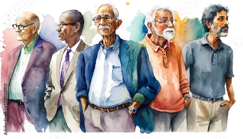 group of elderly men look worried, watercolor illustration, people art, for magazin, flier or blog. Generative AI photo