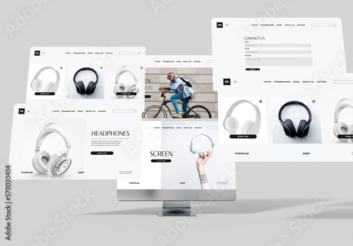 Computer with Web Page Screens Mockup        
