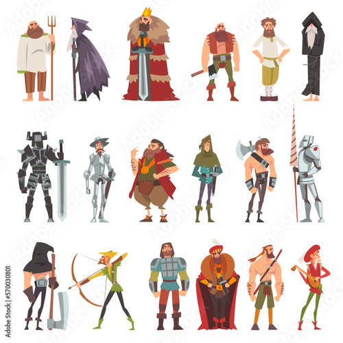 Medieval People Characters with Peasant, King, Warlock, Knight, Headsman, Archer and Bard Vector Set photo