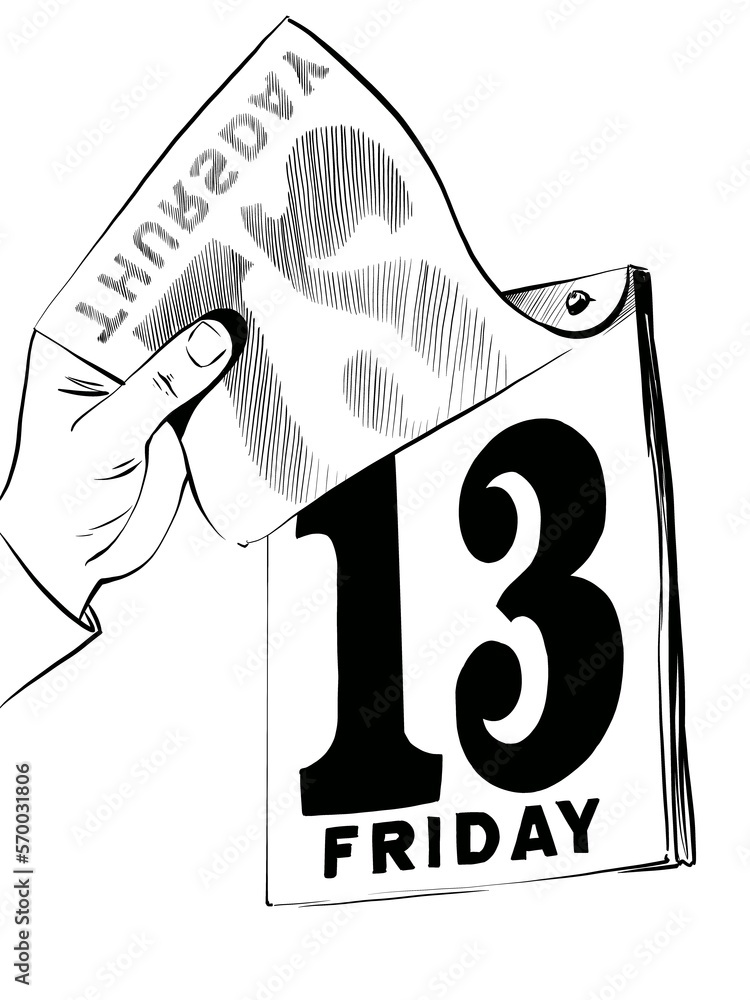 man's Hand leafing through the Calendar for Friday the 13th. Thirteen