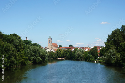 The view of the Neckar river embankment in Nuertingen, Germany