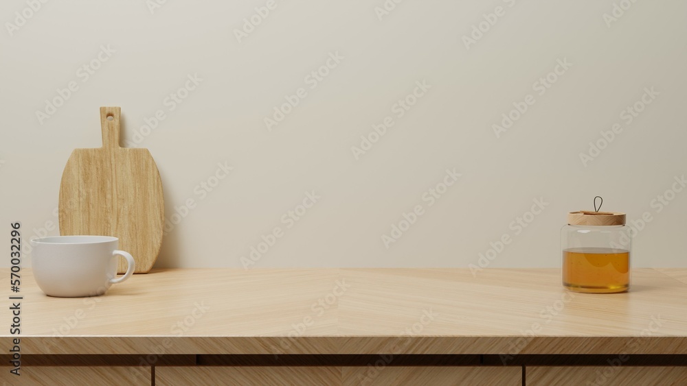3d rendering. Minimal cozy counter mockup design for product presentation background. Branding in Japan style with bright wood top counter and warm white wall. Honey jar and mug. Kitchen interior 3d rendering. Minimal cozy counter mockup design for product presentation background. Branding in Japan style with bright wood top counter and warm white wall. Honey jar and mug. Kitchen interior