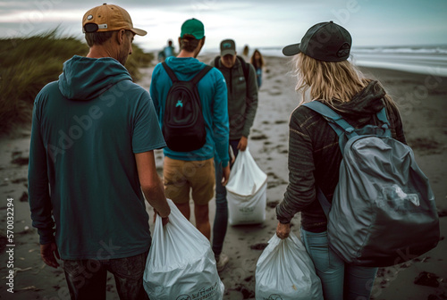 volunteers collect trash from a beach, public outreach at a fictional location. Generative AI