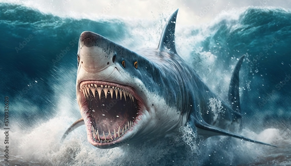a great white shark with its mouth open in the ocean with a huge wave ...