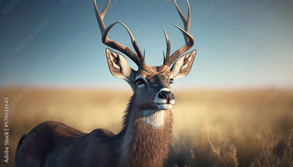 a deer standing in a field with its head turned to the side and it's ...