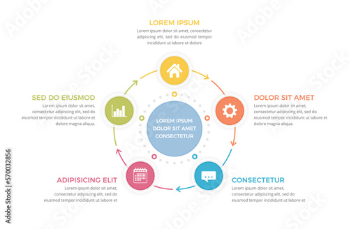 Circle diagram template with five steps or options, process infographics