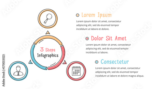 Doodle circle diagram with three elements with place for icons and text, handdrawn infographic template