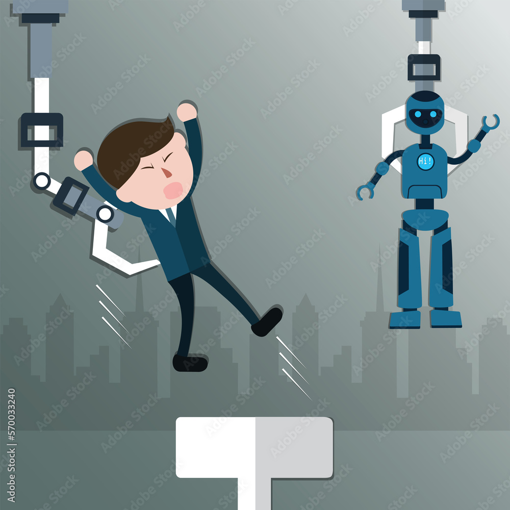 The robotic arm bringing robot to replace human,cartoon concept - vector The robotic arm bringing robot to replace human,cartoon concept - vector