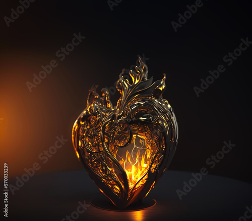 Dark chrome Human heart with fire and glow inside, love and emotion concept, passion heart, on a dark brown background. Illustration. AI Generative.