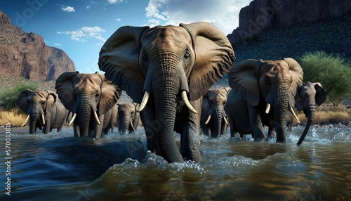  a herd of elephants walking across a river next to a rocky mountain range in the distance with a blue sky and white clouds above them. generative ai