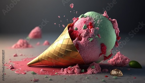  a scoop of ice cream with pink and green sprinkles and a gold cone with a green leaf sticking out of it on a gray surface.  generative ai