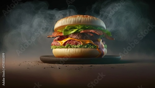  a hamburger with a lot of meat and lettuce on a plate with smoke coming out of the top of the bun and on a dark background.  generative ai