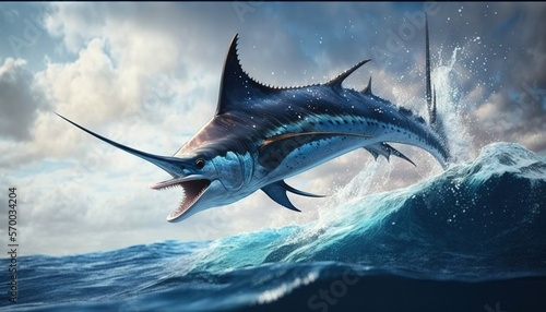  a blue marlin swimming in the ocean with a cloudy sky in the background The marlin is in the center of the image, with the water surrounding it and the sky above