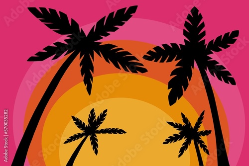 Paradise island sunset with palm trees silhouettes. 