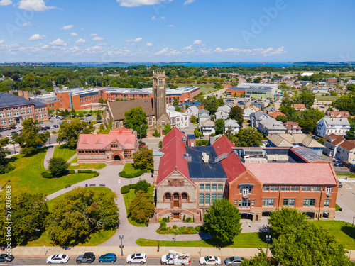 Quincy historic city center aerial view including Bethany Congregational Church and Thomas Crane Public Library at 40 Washington Street in Quincy, Massachusetts MA, USA.  photo