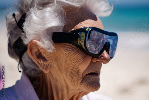 grandma with VR glasses,VR headset, old woman is virtual on the beach. Generative AI photo