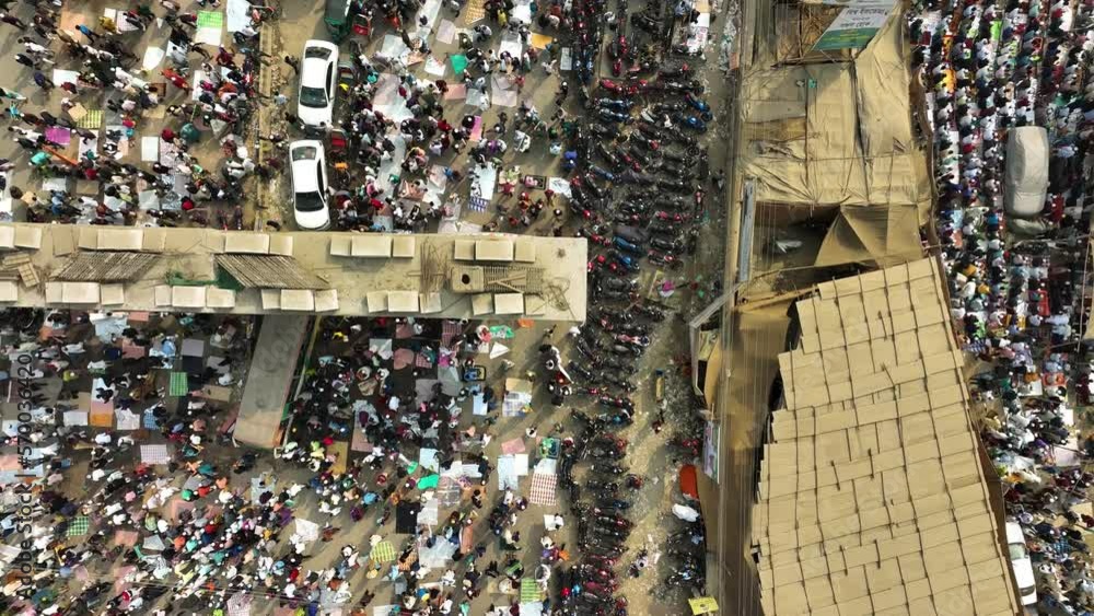 Dhaka, Bangladesh - 20 January 2023: Aerial view of people worshipping at Global Muslims Congregation in Tongi, Dhaka, Bangladesh.