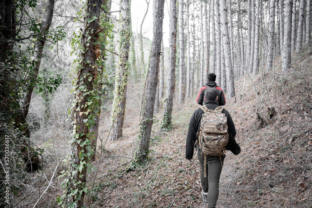 Two young male friends are hiking in a forest covered by dry leaves