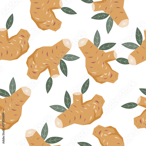 Ginger root or turmeric spice seamless pattern design, hand drawn flat vector illustration on white. Seamless decorative texture for food spices and tea packs design with ginger plant.