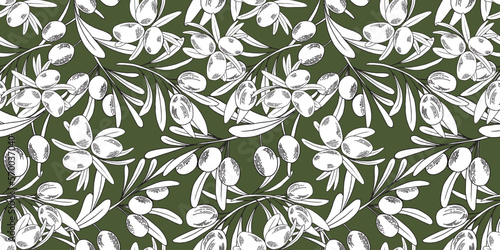 Seamless pattern with olive branches and fruits for Italian cuisine design, extra virgin oil food, cosmetic product packaging wrapper.