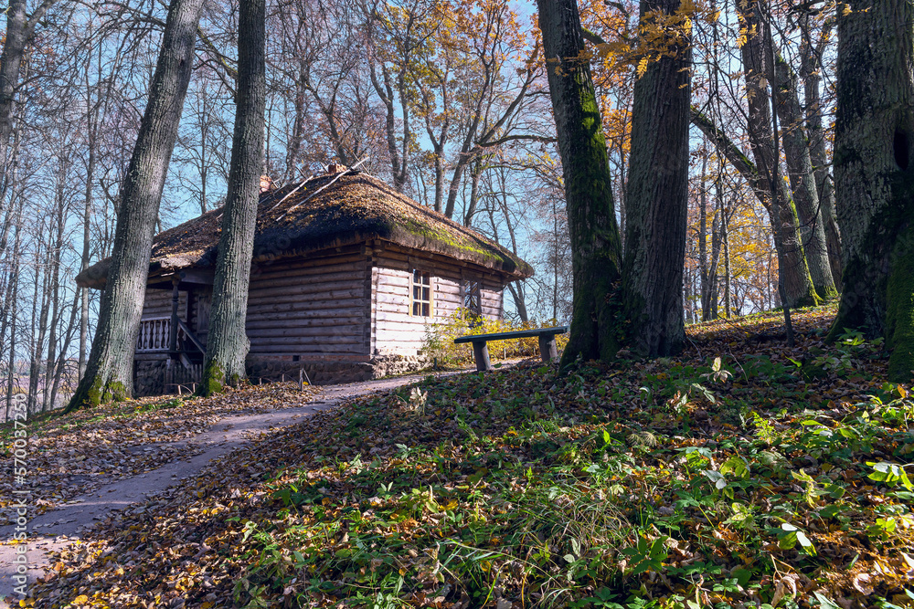 old wooden house made of round logs and with an earthen roof in the forest in the Pushkin mountains, Pskov, Russia old wooden house made of round logs and with an earthen roof in the forest in the Pushkin mountains, Pskov, Russia