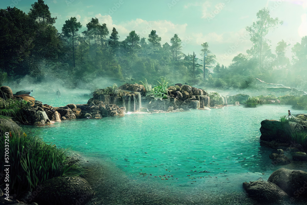 Relaxing Hot Spring in Nature Hot Spring with Forest Views in Spring Made with Generative AI