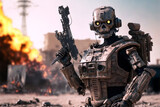 scary crazy looking robot, malfunction or aggression, robot with weapon brings destruction and death. Generative AI