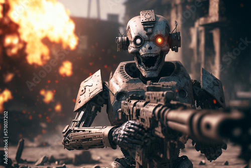 scary crazy looking robot, malfunction or aggression, robot with weapon brings destruction and death. Generative AI