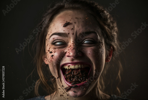 a woman in abstract look looks crazy while eating insects  insects in mouth as food. Generative AI